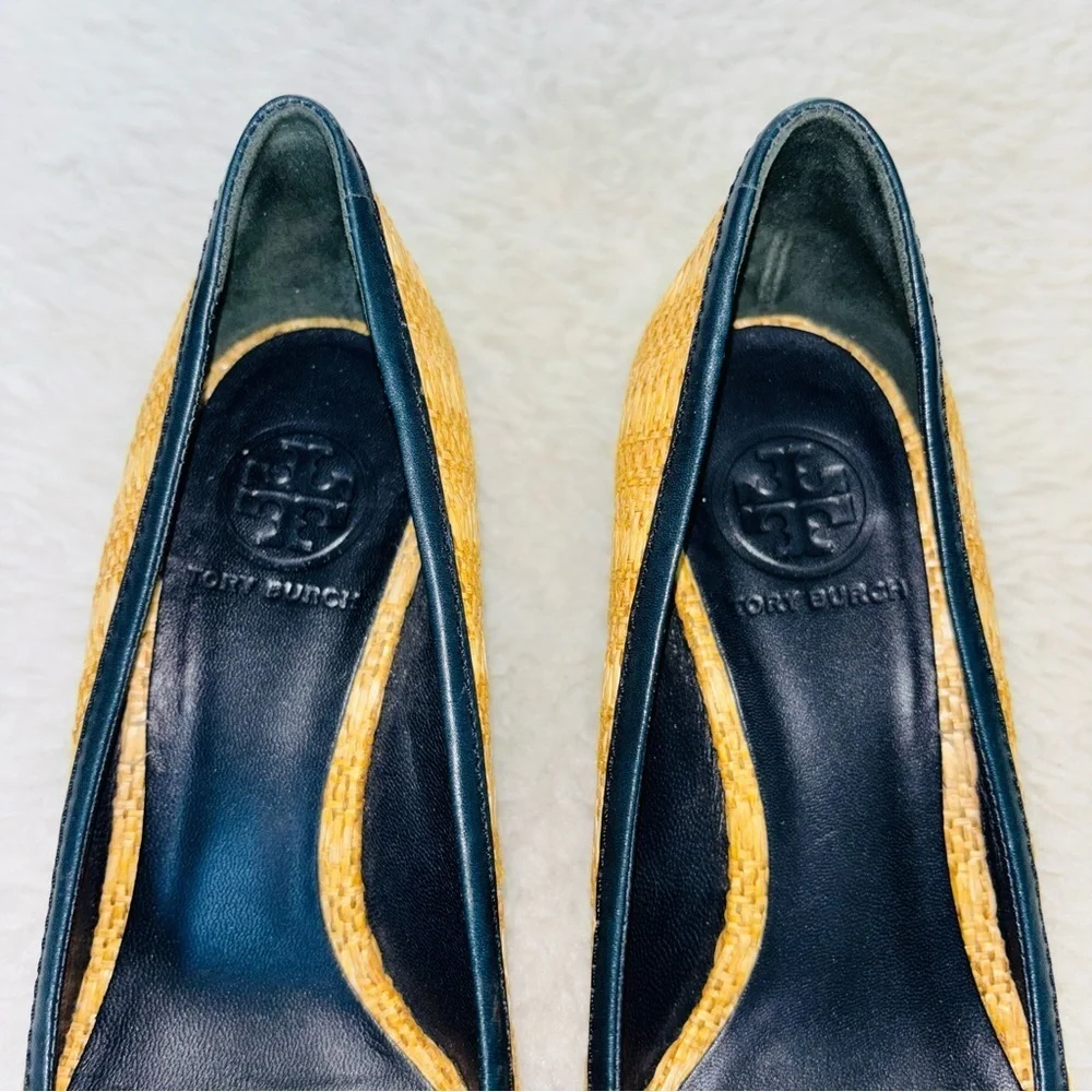 Tory Burch Tan Wicker and Black leather Wedge Heels Shoes size 7.5 M